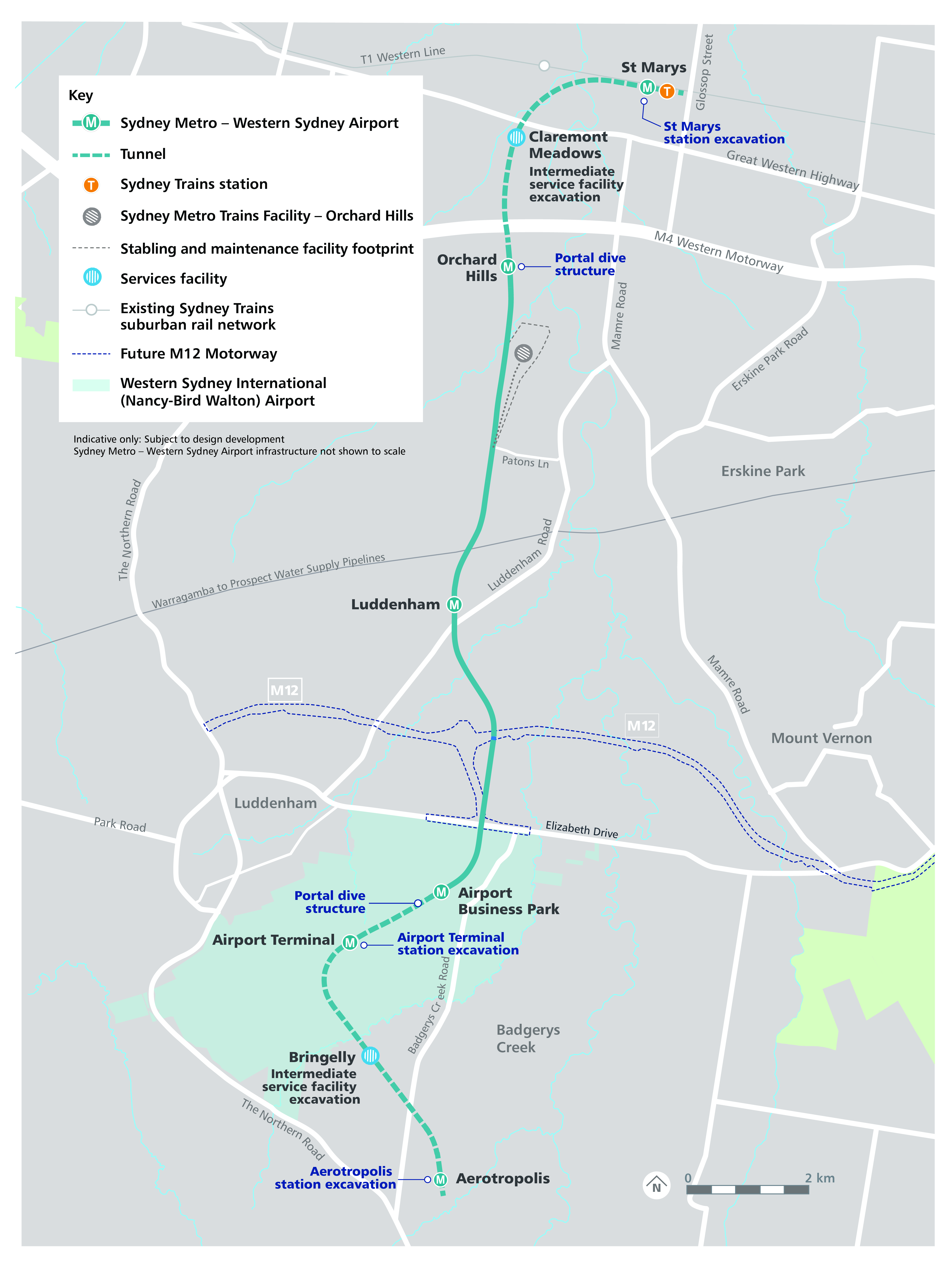 A map of the Sydney Metro - Western Sydney Airport alignment extending from St Marys railway station to the future Aerotropolis station via Western Sydney Airport station. 