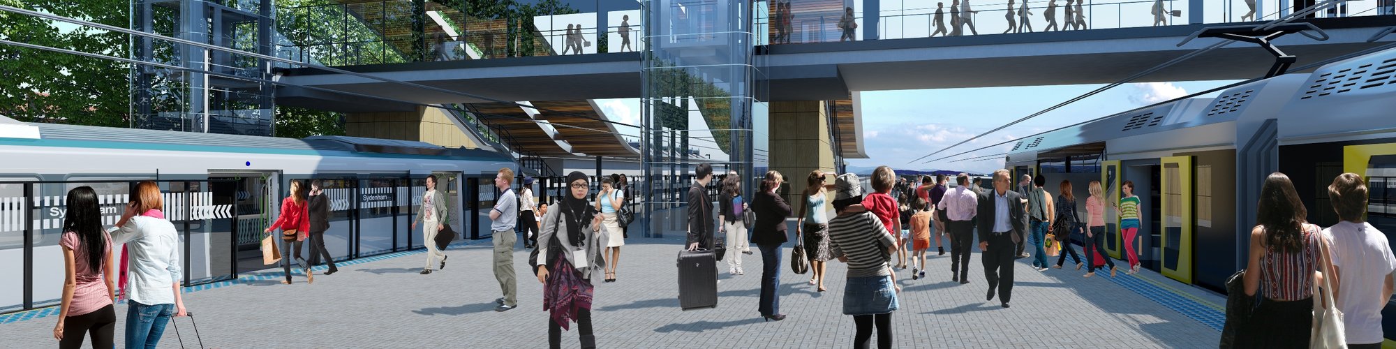 Artist's impression of the platforms at the new Sydenham Station. People are walking into the metro train through the platform screen doors. A pedestrian bridge is above.