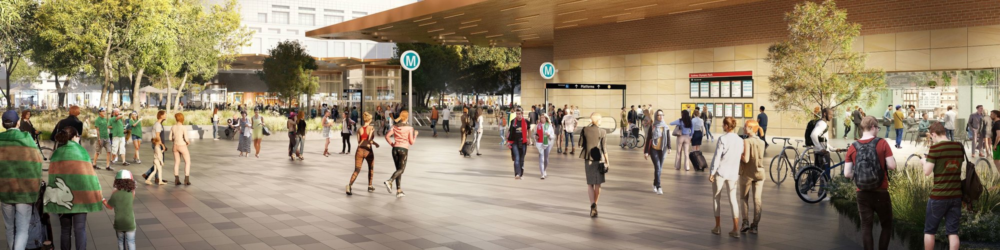 An artist's impression of commuters walking around outside the new Sydney Olympic Park metro station.