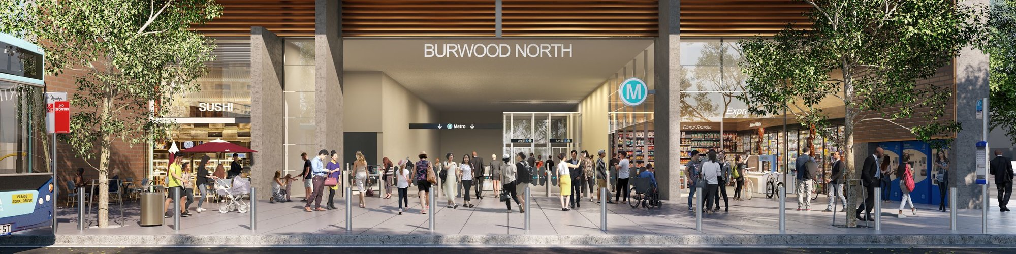 Artist's impression of commuters travelling in and out of Sydney Metro's Burwood North Station.