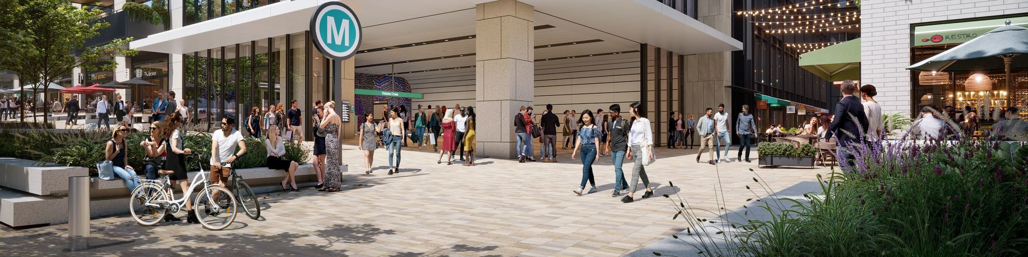Artist's impression of passengers walking around outside Victoria Cross Station south entrance