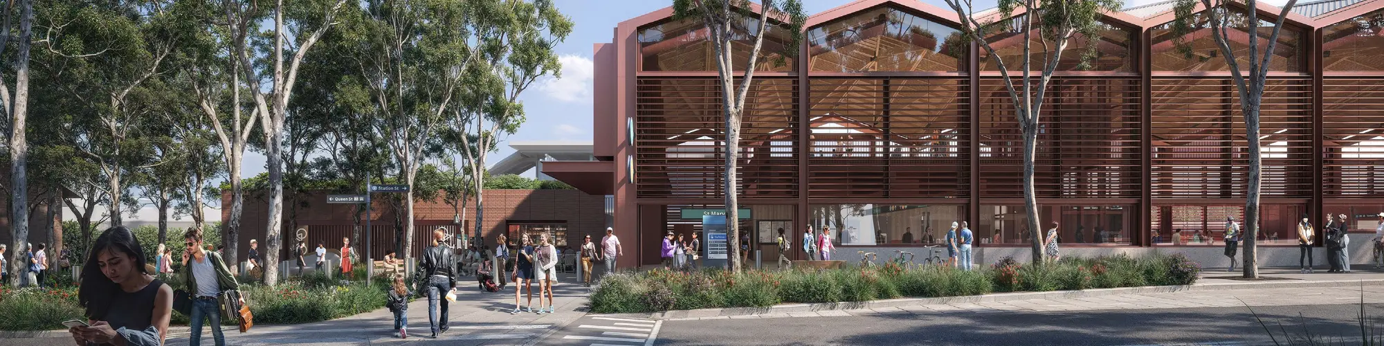 Artist's impression of passengers commuting in and out of the inside entrance at Sydney Metro's St Marys Station.