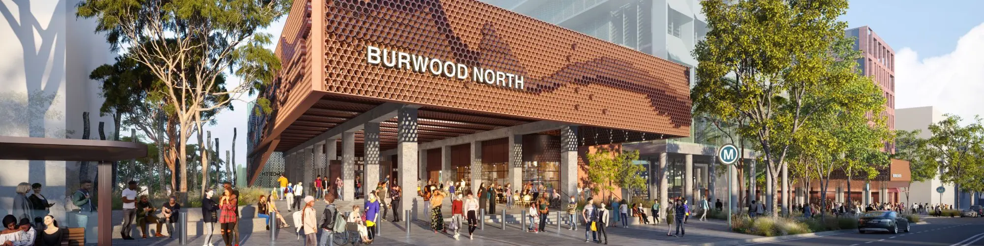 Artist's impression of commuters travelling in and out of Sydney Metro's Burwood North Station.