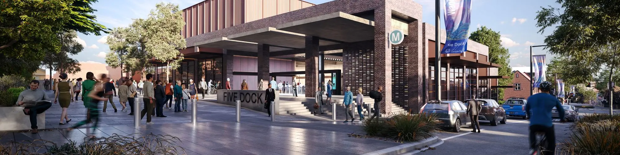 Artist's impression of the street view of commuters travelling in and out of Sydney Metro's Five Dock Station.