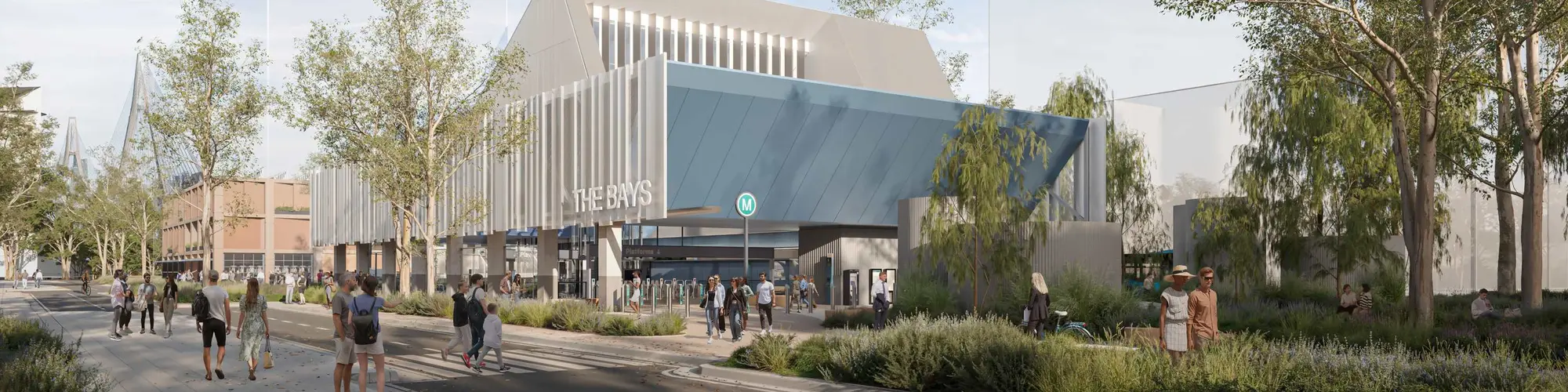 Artist's impression of commuters outside the entrance of Sydney Metro's The Bays Station