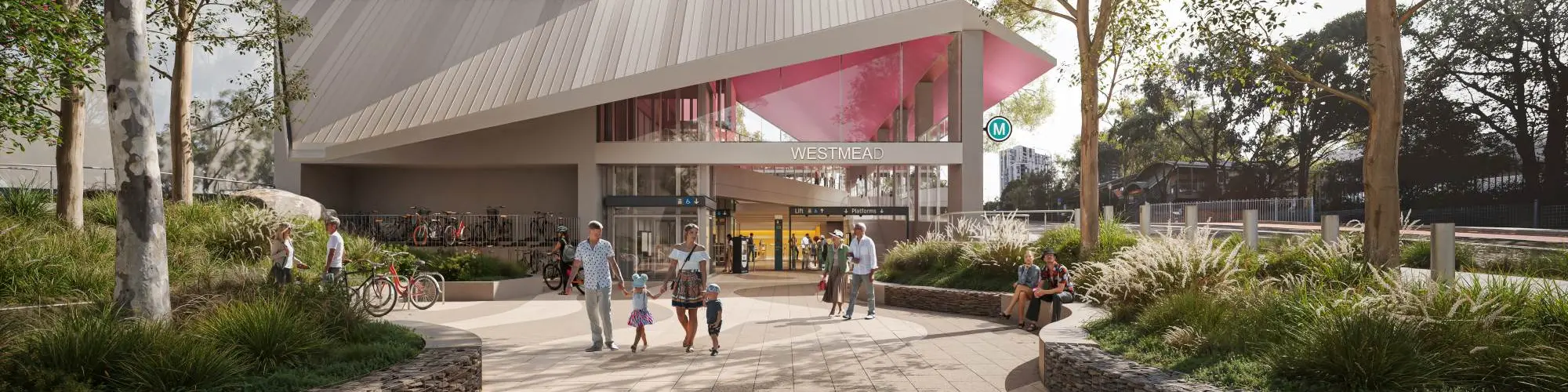 An artist's impression of the future metro station at Westmead as viewed from the platform, being delivered as part of the Sydney Metro West project.