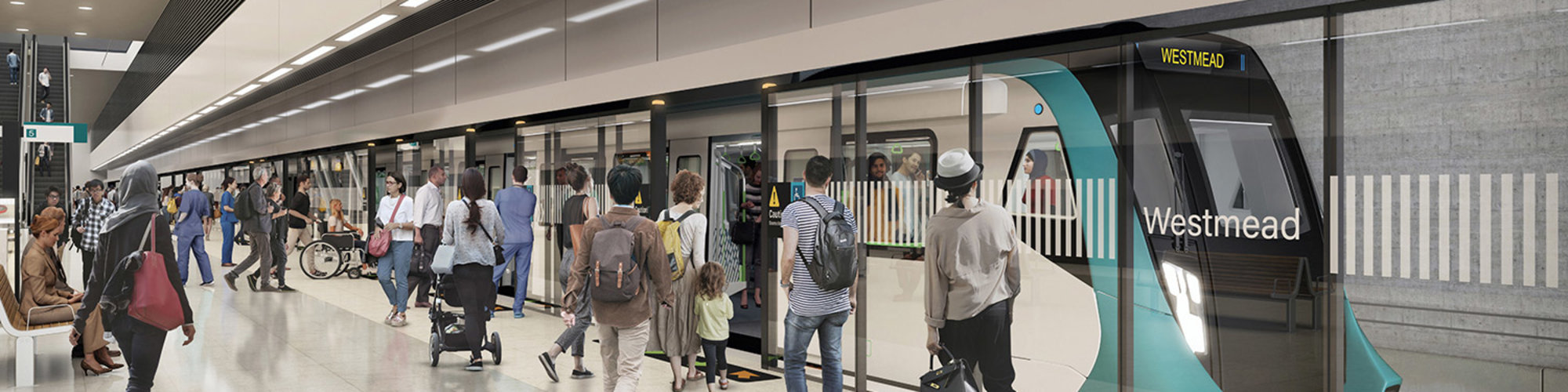 An artist's impression of the future metro station at Westmead as viewed from the platform, being delivered as part of the Sydney Metro West project.