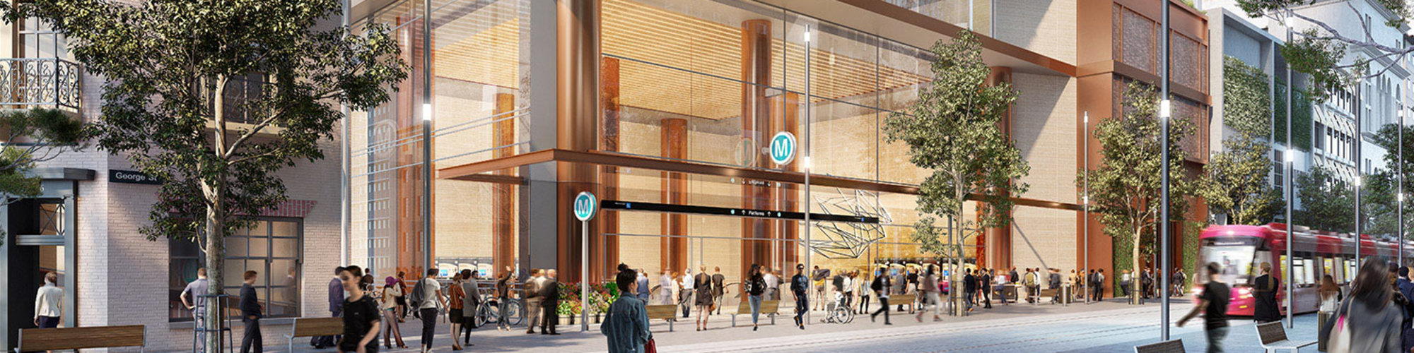 An artist's impression of the view to Sydney Metro West CBD Station from George Street. The station is a part of the Sydney Metro West project.