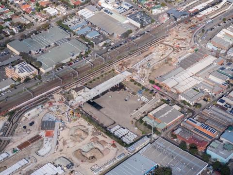 Arial view of the aqueduct at Sydenham Station. There are many building around the site