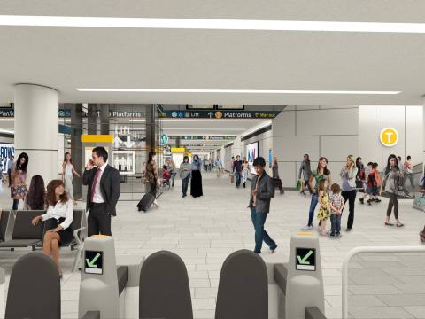 Artist's impression of commuters walking around inside the new Central Station walk that connect Sydney Metro platforms.