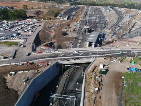 A bird's eye view showing the Sydney Metro Trains Facility at Tallawong as the road bridge re-opens. 