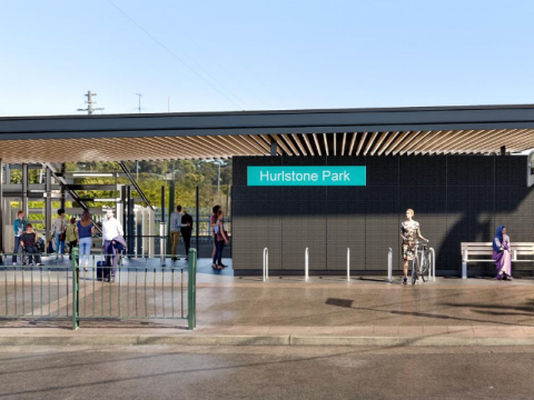 Artist's impression of Sydney Metro upgraded Hurlstone Park Station as viewed from the platform.
