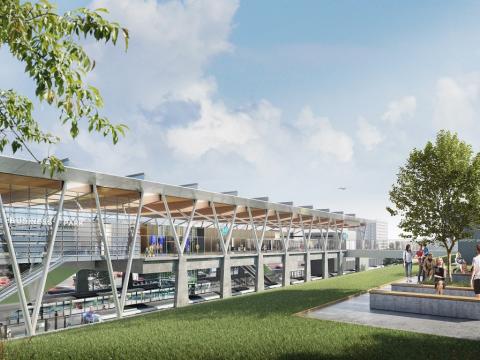 An artist’s impression of Airport Business Park Station as viewed from the southern side of the station, looking north.