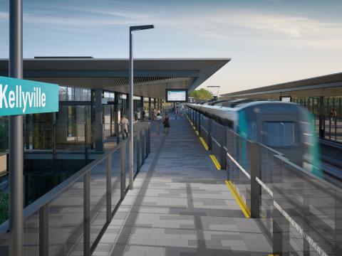 An artist's impression of the station platform with passengers waiting along the platform behind the safety screen doors as a train pulls away at Sydney Metro's Kellyville Station.