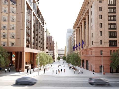 An artist impression of Martin Place plaza looking west. There are people moving around the plaza with a tall brick building on either side.