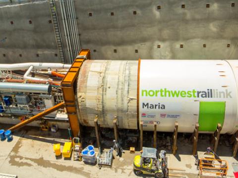 An aerial view looking down at Tunnel Boring Machine (TBM) Maria beginning the tunnelling project at Sydney Metro's Cherrybrook Station as part of the North West railink. 