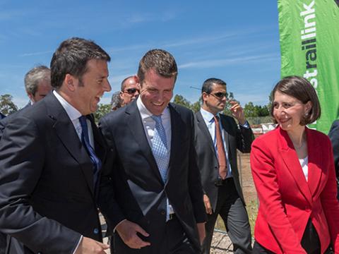 A close up shot of the Italian Prime Minister with former NSW Premier Gladys Berejiklian at the Northwest Rail Link event. 