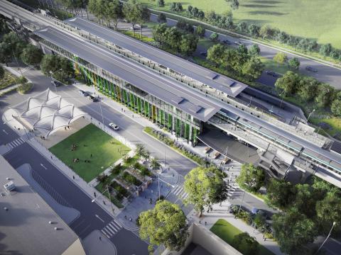 Artist's impression of a bird's eye view of Sydney Metro's Rouse Hill Station. 