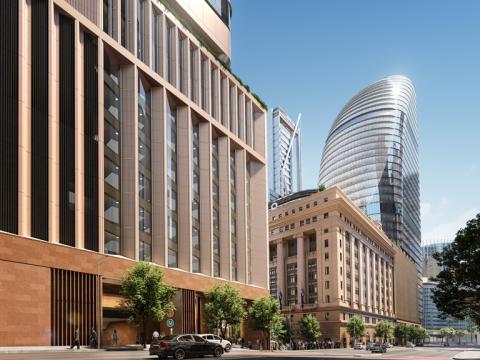 An Artist's impression of the entrance of Sydney Metro's Martin Place Station from Elizabeth Street looking North. 