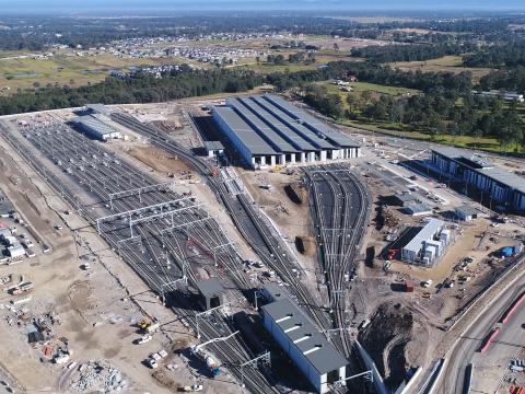 A bird's eye view of the completed train tracks at Sydney Metro's Train Facility at Rouse Hill. 