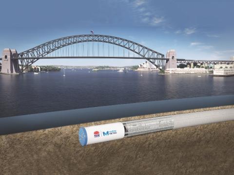 Artist's impression of a Sydney Metro TBM travelling underground beneath Sydney Harbour.