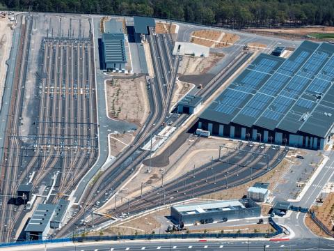 A bird's eye view of Sydney Metro Trains Facility (SMTF) in Rouse Hill located west of Tallawong Station, at the corner of Tallawong Road and Schofields Road.