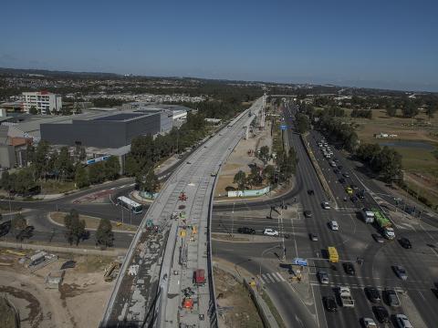 An arial view showing the construction of the Windsor Road bridge with at Sydney Metro's Rouse Hill. 