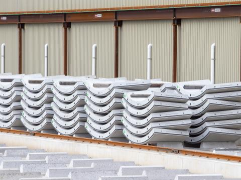 An on the ground shot showing rows on precast concrete segments lined up for production at Marrickville precast facility. 