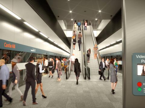 Artist's impression of commuters walking around the video help point on a Metro platform at an underground station.