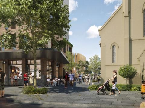 Artists impression of commuters walking outside the church and shops on the corner of the station entrance of Sydney Metro's Waterloo Station. 