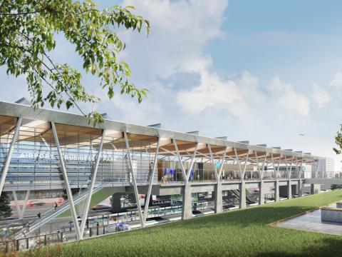 An artist’s impression of Airport Business Park Station, being delivered as part of the Sydney Metro – Western Sydney Airport project. Airport Business Park Station as viewed from the southern side of the station, looking north.