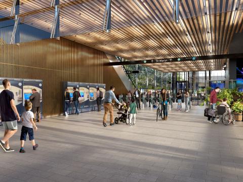 Artist's impression of passengers commuting in and out of the inside entrance at Sydney Metro's St Marys Station.