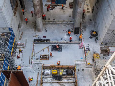 A bird's eye view of construction work at the north shaft of Sydney Metro's Pitt Street Station.