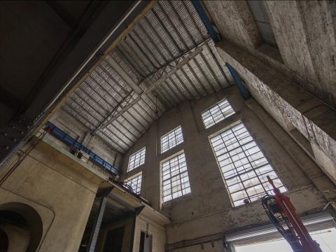 A view of the roof and windows inside the turbine hall at White Bay Power Station.