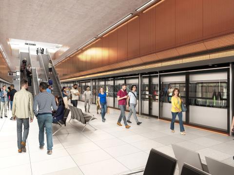 Artist's impression of commuters travelling along the platform of Sydney Metro's Hunter Street Station.