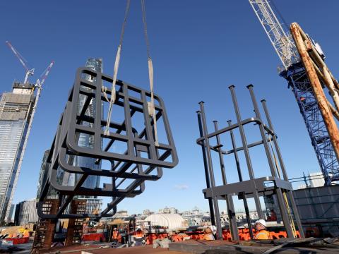 Steel structures are craned into position at Sydney Metro's new station, Barangaroo.