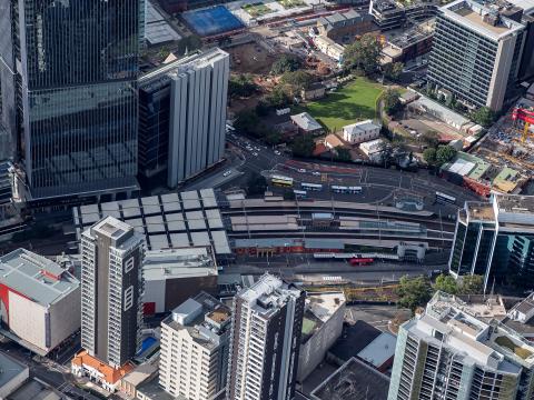 A bird's eye view of Parramatta showing the railway tracks of Parramatta Station below.