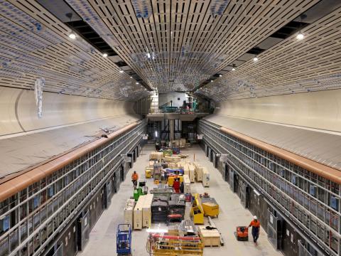 Wide shot of the underground cavern at Sydney Metro's Victoria Cross Station.