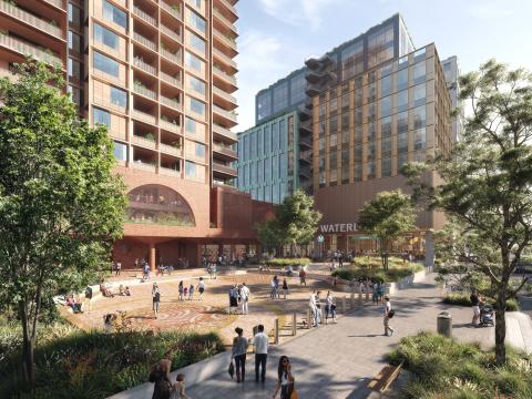 Artist's impression of Cope Street Plaza and building Northwest of Sydney Metro's Waterloo Station