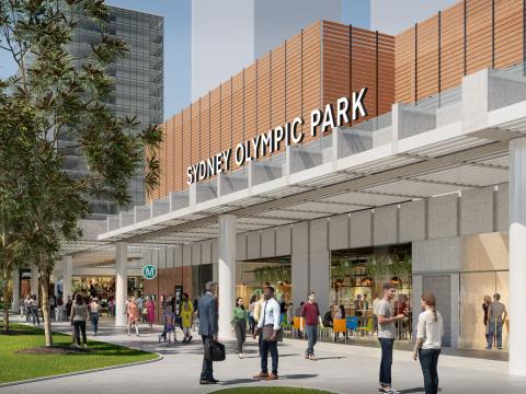 Artists impression of commuters travelling outside of the entrance of Sydney Metro's Sydney Olympic Park