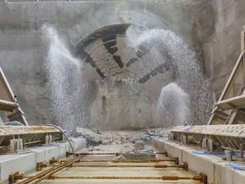 TBM Breakthrough with water spraying out