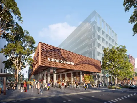 Artist's impression of commuters travelling in and out of Sydney Metro's Burwood North Station.