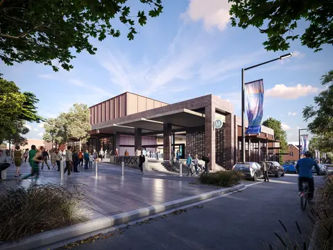 Artist's impression of the street view of commuters travelling in and out of Sydney Metro's Five Dock Station.