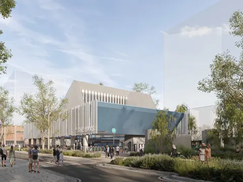 Artist's impression of commuters outside the entrance of Sydney Metro's The Bays Station