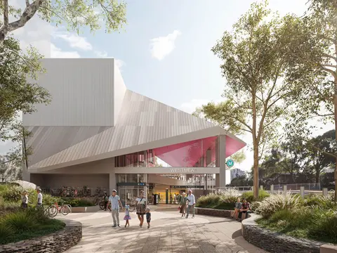 An artist's impression of the future metro station at Westmead as viewed from the platform, being delivered as part of the Sydney Metro West project.
