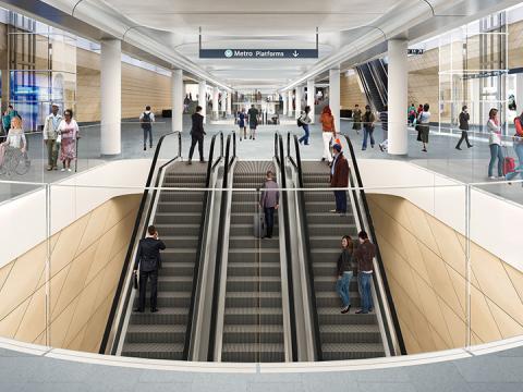Artist's impression of escalators and entrance to new Sydney Metro platforms at Central Station
