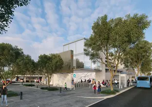 Artist's impression of passengers walking outside of Crows Nest Station entrance