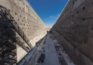 An arial view of construction work of the station box at Sydney Metro's Castle Hill Station. 