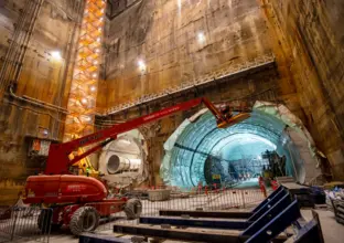 An on the ground view showing the construction of the tunnel in Sydney Metro's Victoria Cross North site.