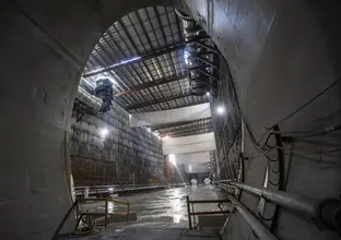 A view from inside the tunnel entry looking into the Crows Nest Station box.